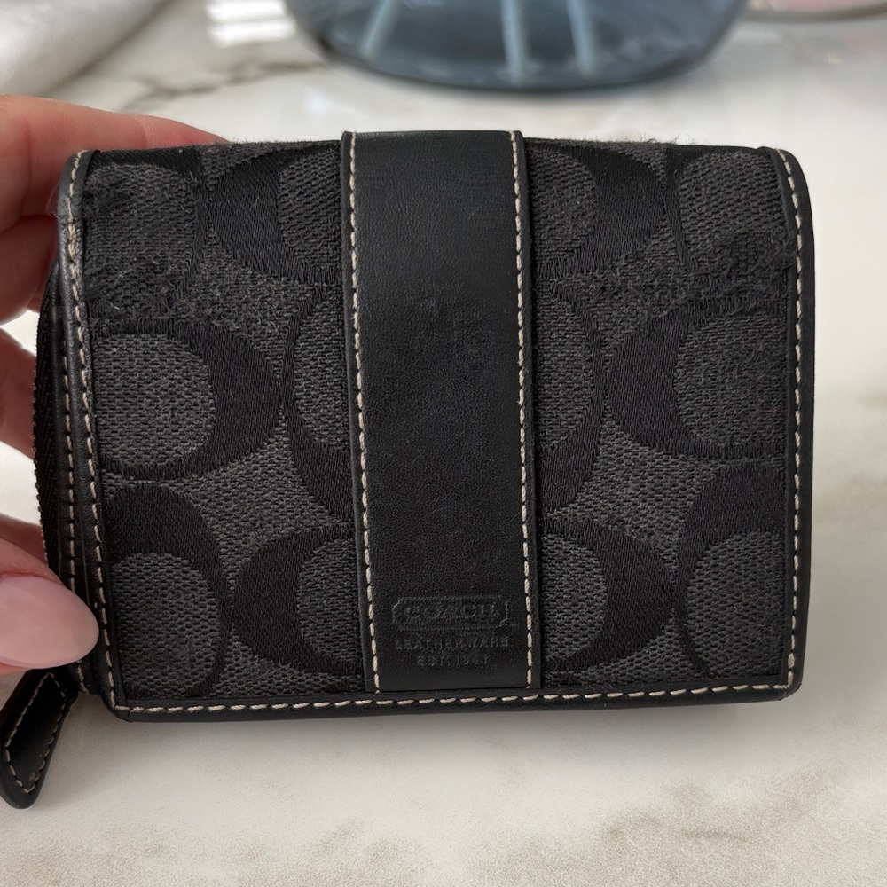 Coach Black Signature Canvas Small Bifold Wallet with Center Leather Stripe